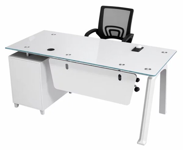 Set Prime & FlexiPro - Birou cu blat de sticla, dulap lateral fix si Scaun de birou ergonomic cu spatar mesh
