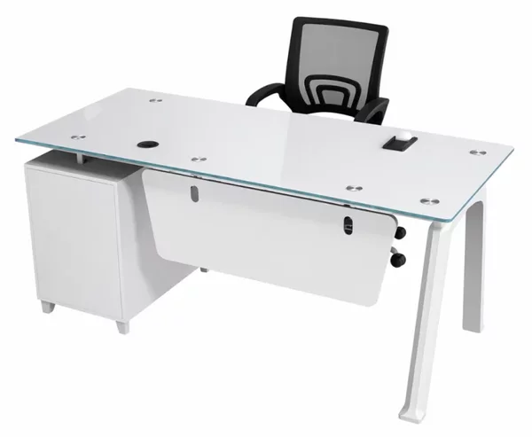 Set Prime & FlexiPro - Birou cu blat de sticla, dulap lateral fix si Scaun de birou ergonomic cu spatar mesh