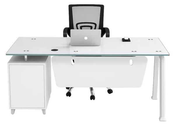 Set Prime & FlexiPro - Birou cu blat de sticla,dulap lateral fix si Scaun de birou ergonomic FlexiPro cu spatar mesh