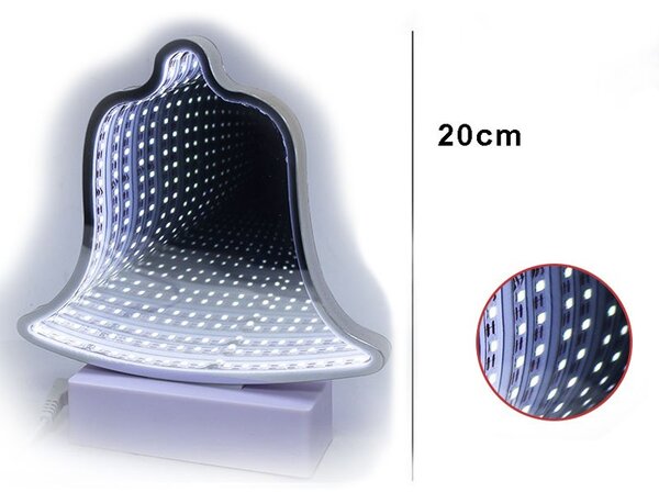 Decoratiune luminoasa, Clopotel 20 cm, efect Infinity mirror, alimentare baterii si USB