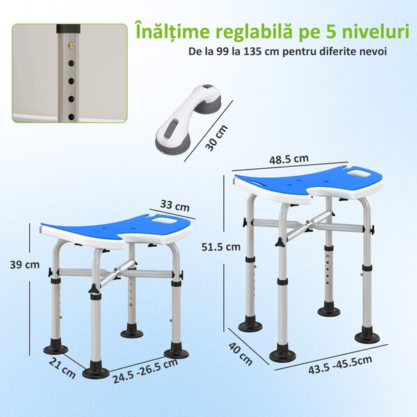 HOMCOM Taburet de Duș Reglabil pe Înălțime cu Mâner cu Ventuză și Picioare Antiderapante, 48,5x33x39-51,5 cm, Albastru | Aosom Romania
