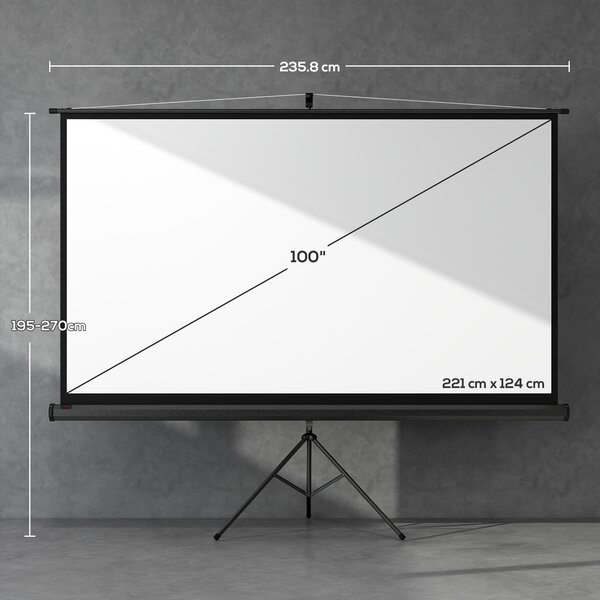 Ecran Proiector HOMCOM Pliabil de 100" Format 16:9 cu Treppied Reglabil, 235.8x8x136 cm, Negru | Aosom Romania