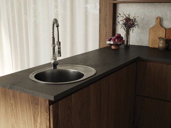 Chiuvetă Kuchinox Normal, din oțel inoxidabil, cu 1 compartiment, 570x450x180 mm, cu scurgător, decor canelat, oțel, LAV-SGN_383T