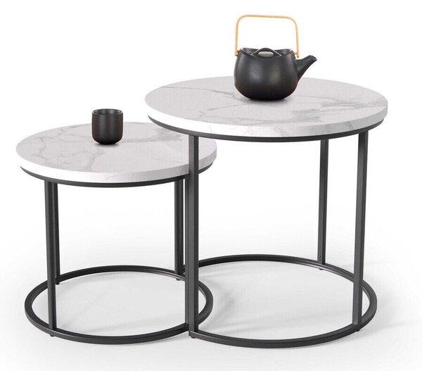 Set de măsuțe de cafea Houston 951, Marmură albă, Negru, Metal, 45cm