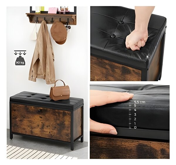 Banca cu pantofar TAYLOR 80x30 cm, maro rustic/negru
