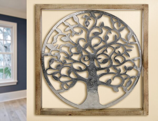 Decoratiune de perete Tree of Life, aluminiu lemn, argintiu maro, 60x60x3.5 cm