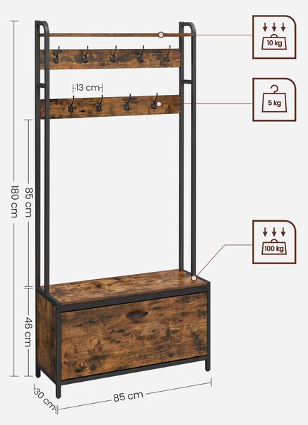 Panou de hol TAYLOR cu dulap de pantofi 180x85 cm, maro rustic