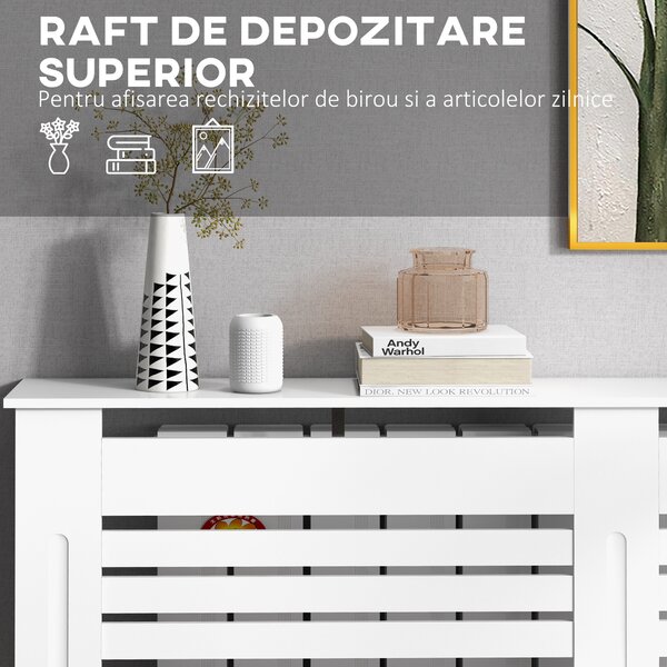HOMCOM Mască de Calorifer cu Lamele și Raft din Lemn Alb 152x19x81 cm | Aosom Romania