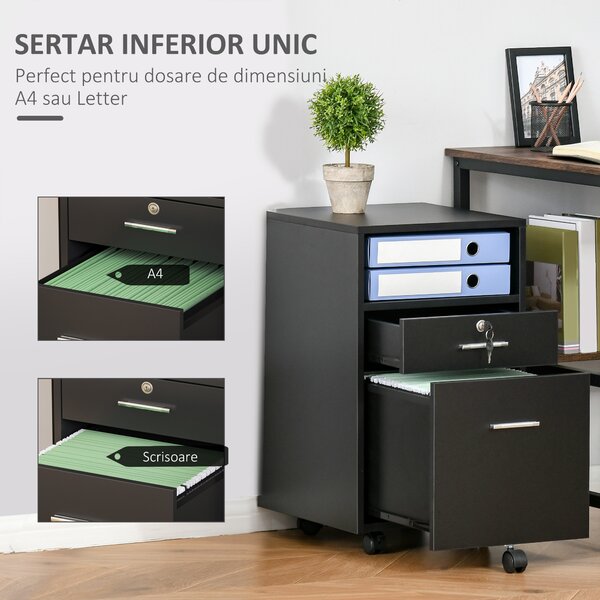 Vinsetto Comodă de Birou cu 2 Sertare și Raft Deschis, Mobilier cu 5 Rotile, Încuietoare și 2 Chei, 39x40x65 cm, Negru | Aosom Romania