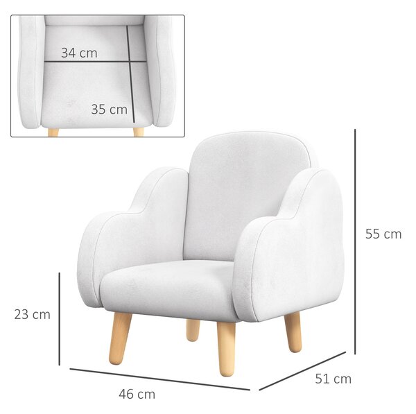 ZONEKIZ Fotoliu pentru copii cu brațe în formă de nor, cu picioare înclinate și material textil, 46 x 51 x 55 cm, alb | Aosom Romania