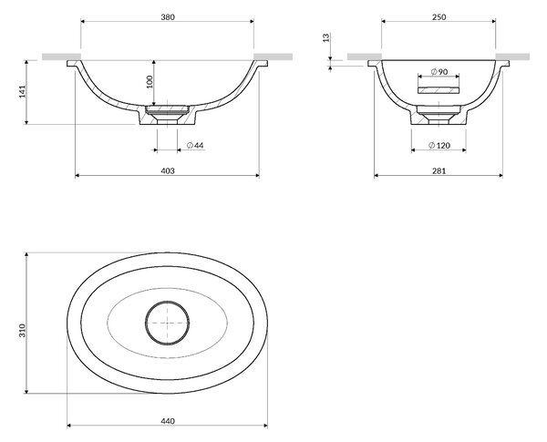 Omnires Shell M+ lavoar 38x25 cm ovale sub blat alb luciu SHELL380UPBP
