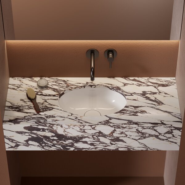 Omnires Shell M+ lavoar 38x25 cm ovale sub blat alb luciu SHELL380UPBP