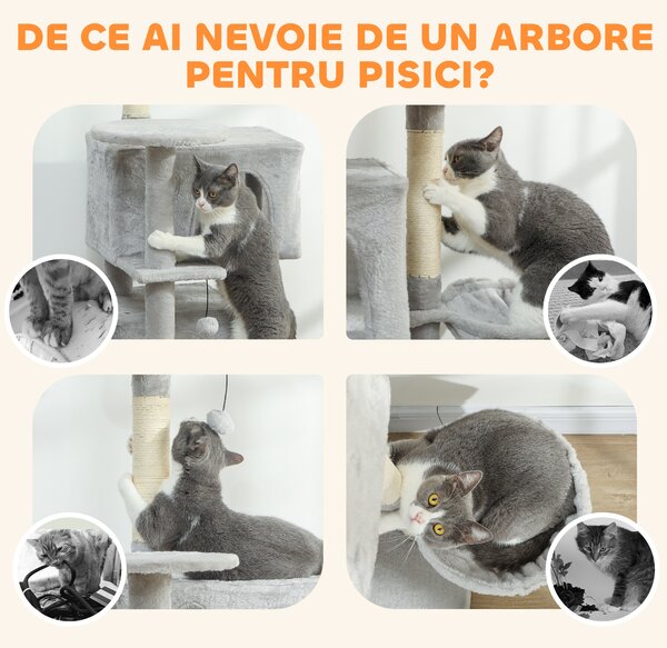 PawHut Arbore Zgâriător pentru Pisici Înalt de 140 cm cu 2 Căsuțe, Hamac, Pat și Stâlpi din Sisal, Gri | Aosom Romania