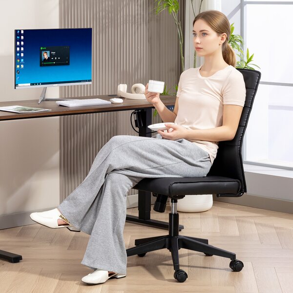 Scaun de birou ergonomic și ajustabil HOMCOM cu spătar curbat, din piele PU și oțel, 58x53x97-107 cm, Negru | Aosom Romania