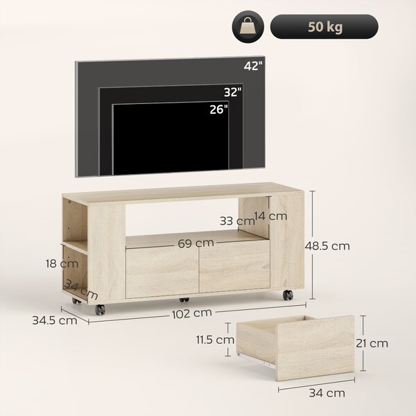 HOMCOM Suport pentru TV de 42" cu Roți Pivotante și Frână, Rafturi Ajustabile și Sertare, 102x34.5x48.5 cm, Lemn | Aosom Romania