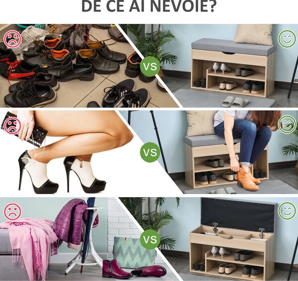 Banca din lemn pentru pantofi, 80x30x48cm HOMCOM | Aosom Romania