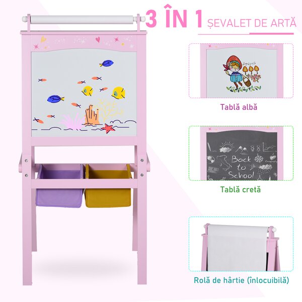 HOMCOM Sevalet Multifuncțional pentru Copii, cu Rola de Hârtie și Spațiu de Depozitare, Tablă Dublă, Roz, pentru Vârsta 3+ | Aosom Romania
