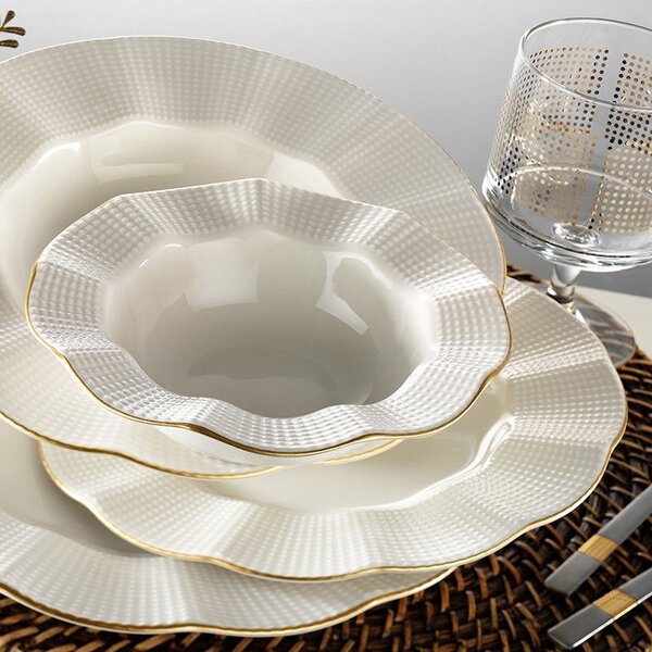 Set de farfurii, porțelan, crem-auriu, 24 piese
