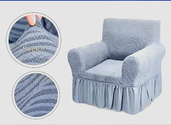 Set 2 Huse elastice pentru fotolii, cu volanas si model Jacquard Gri in dungi
