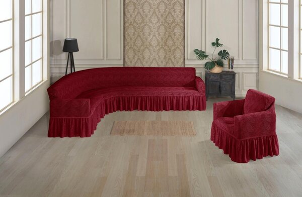 Set Huse elastice pentru coltar + 1 fotoliu, cu volanas, model Jacquard Bordo in dungi