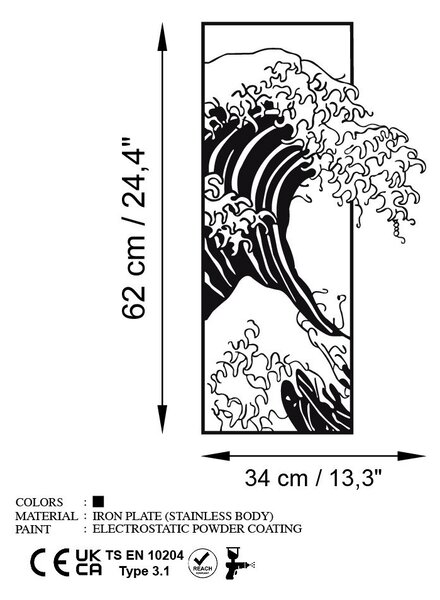 Decorațiune murală metalică, val, 34x62 cm