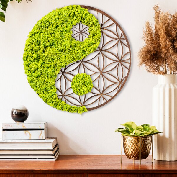 Decorațiune murală din lemn și mușchi, yin-yang, 44 cm