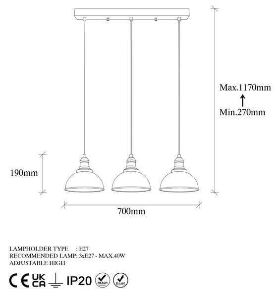 Lampă suspendată Varzan x3, negru-antic