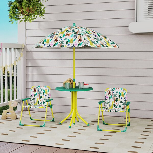 AIYAPLAY Masă de Picnic pentru Copii, Set Masă și Două Scaune Pliabile cu Umbrelă Demontabilă, Tematică Jungle, Mobilier de Exterior pentru Grădină, Terasă, Verde | Aosom Romania
