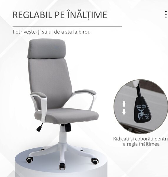 Scaun de Birou Pivotant cu Tetiera, Inaltime Reglabila, Functie de Balansoar, ridicare pneumatica 63x65x113-123cm, Gri Deschis Vinsetto | Aosom RO