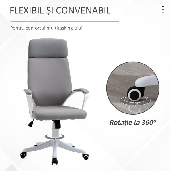 Scaun de Birou Pivotant cu Tetiera, Inaltime Reglabila, Functie de Balansoar, ridicare pneumatica 63x65x113-123cm, Gri Deschis Vinsetto | Aosom RO