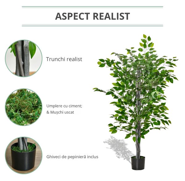 HOMCOM ficus artificial, ghiveci inclus, 135 cm, verde | Aosom Romania