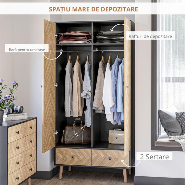 HOMCOM Dulap din lemn cu doua usi: 4 compartimente, 2 umerase si sertare culoare gri inchis, 90x50x190 cm | Aosom Romania