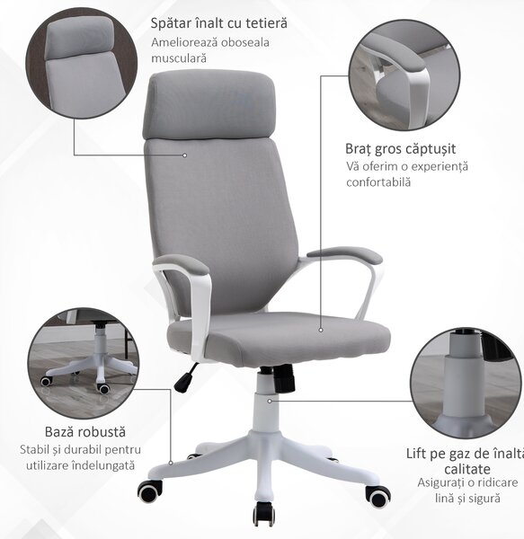 Scaun de Birou Pivotant cu Tetiera, Inaltime Reglabila, Functie de Balansoar, ridicare pneumatica 63x65x113-123cm, Gri Deschis Vinsetto | Aosom RO