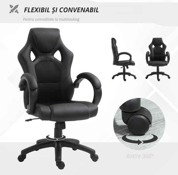 HOMCOM Scaun pentru birou, cu roti rotative la 360°, scaun gaming, inaltimea reglabila, Negru | Aosom Romania