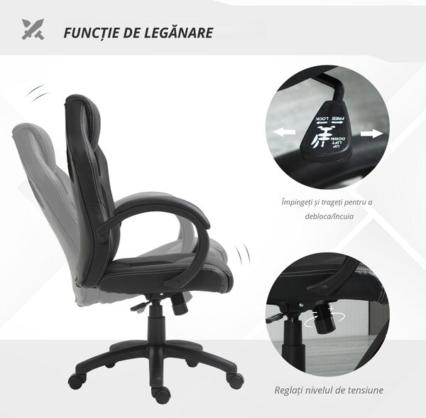 HOMCOM Scaun pentru birou, cu roti rotative la 360°, scaun gaming, inaltimea reglabila, Negru | Aosom Romania