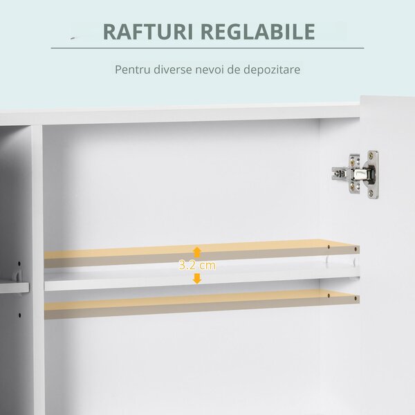 Kleankin Dulap de Baie LED cu Oglindă, 3 Uși și Rafturi Reglabile, Organizator de Depozitare Reglabil, 90x15x65 cm, Alb | Aosom Romania