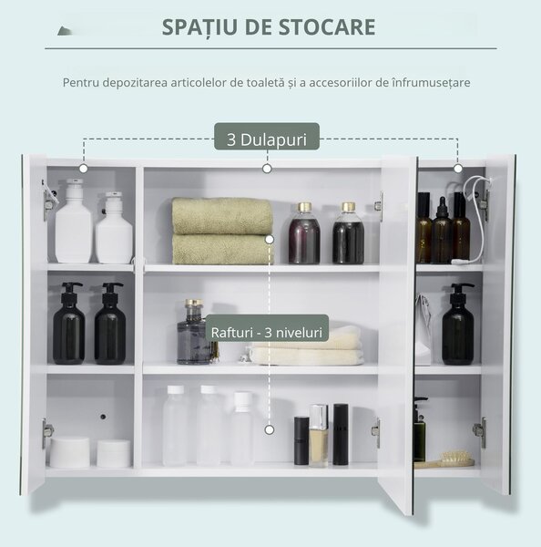 Kleankin Dulap de Baie LED cu Oglindă, 3 Uși și Rafturi Reglabile, Organizator de Depozitare Reglabil, 90x15x65 cm, Alb | Aosom Romania