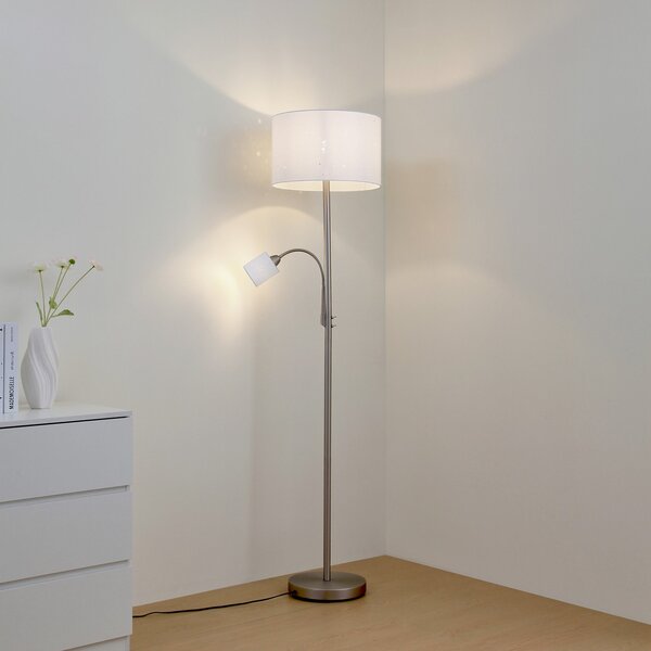 Lindby Lampadar Jaileen, albă, textilă, 170 cm, lumină de citit, Alb, Camera de zi / sufragerie, Țesătură / Textil, Modern