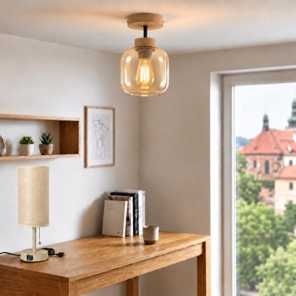 BRILAGI - Plafonieră LED aplicată R GLASS 1xE27/60W/230V pr. 14cm stejar/bej fumuriu