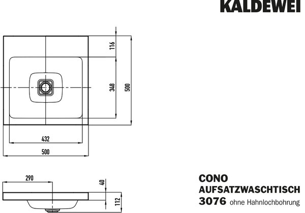 Kaldewei Cono lavoar 50x50 cm pătrat de blat alb luciu 908306003001
