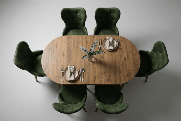 Set Masa si Scaun Oval, Elegant, Bucatarie, Living, Cafenea, Masa Extensibila si Recipient de Depozitare Pine 80 x 130-170 cm, VerdeTextile -Desire Furniture
