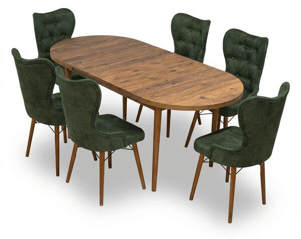 Set Masa si Scaun Oval, Elegant, Bucatarie, Living, Cafenea, Masa Extensibila si Recipient de Depozitare Pine 80 x 130-170 cm, VerdeTextile -Desire Furniture