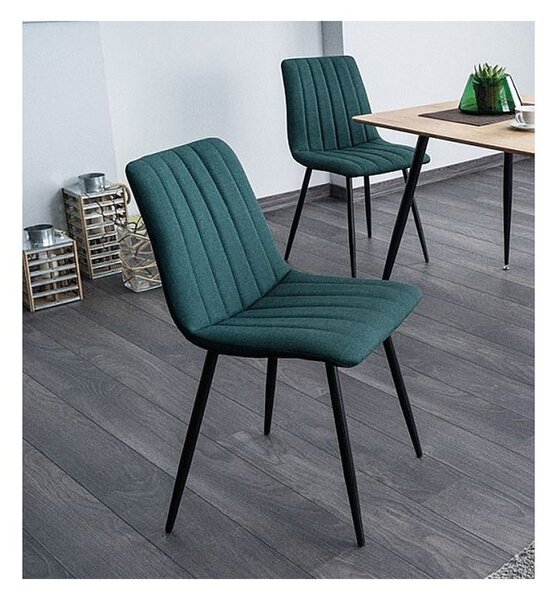 Scaun dining, tapiterie stofa, inaltime totala 91 cm, latime 43 cm, picioare metalice negre, stil elegant, verde