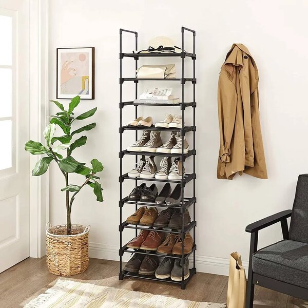 Raft stivuibil pentru încălțăminte TUBE, 10 polițe, 45x30x174cm, negru SongmicsHome