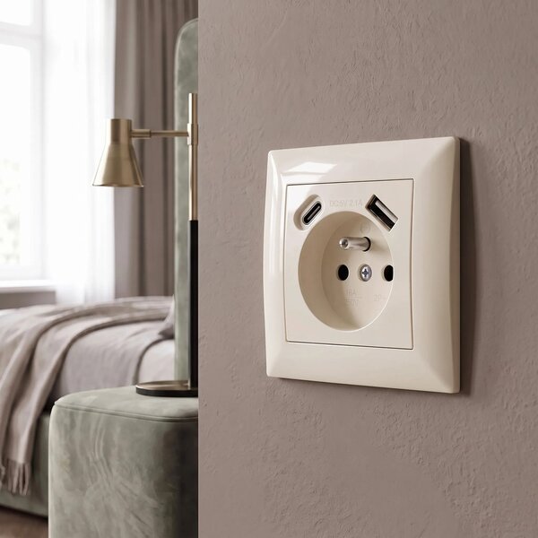 Priză simplă cu împământare + USB-A USB-C OSTE JNH004-G Beige