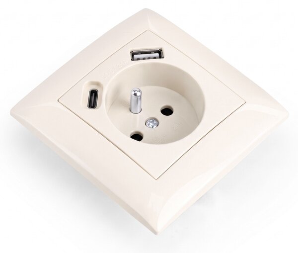 Priză simplă cu împământare + USB-A USB-C OSTE JNH004-G Beige