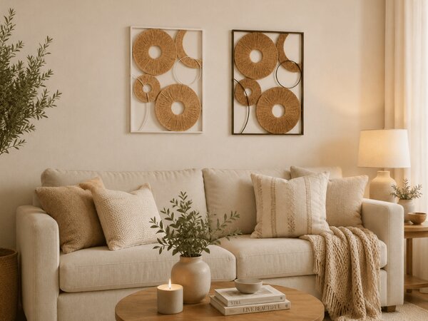 Set 2 buc decoratiune de perete CIRCLES metal 48x68 cm, maro / alb