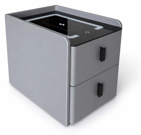Noptiera inteligenta slim cu încarcare wireless, iluminare LED și 2 sertare – culoare gri antracit, design modern din sticla și lemn