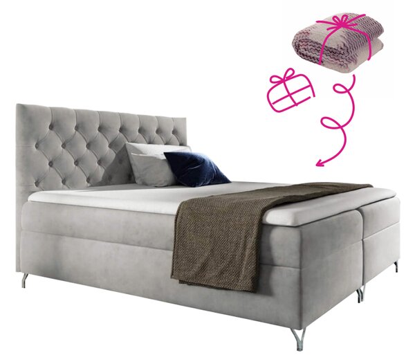 KONDELA Pat cu boxspring, 140x200, ţesătură gri deschis Velvet, GULIETTE + cadou