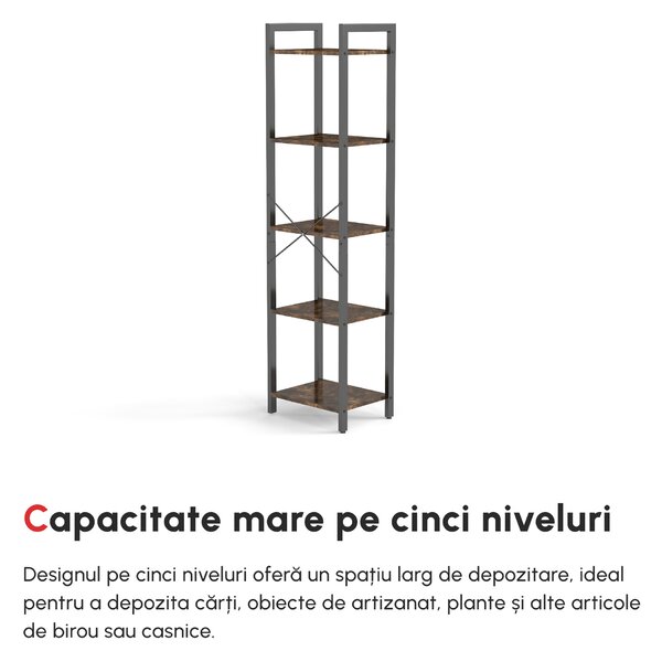 Bibliotecă Stil Industrial HOMCOM cu 5 Rafturi, Mobilier din Lemn și Oțel, Ideal pentru Casă, Birou și Studio, Design Rustic, Maro | Aosom Romania